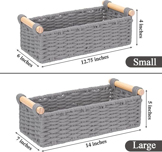 Boho Cotton Rope Storage Baskets Set of 2, Woven Wicker Organizer Bins with Wooden Handles, Small Decorative Boxes for Organizing, Toilet Paper Baskets for Bathroom Countertop, Shelves (Gray 2 Pack)