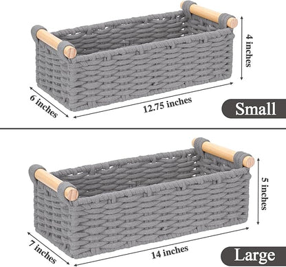 Boho Cotton Rope Storage Baskets Set of 2, Woven Wicker Organizer Bins with Wooden Handles, Small Decorative Boxes for Organizing, Toilet Paper Baskets for Bathroom Countertop, Shelves (Gray 2 Pack)