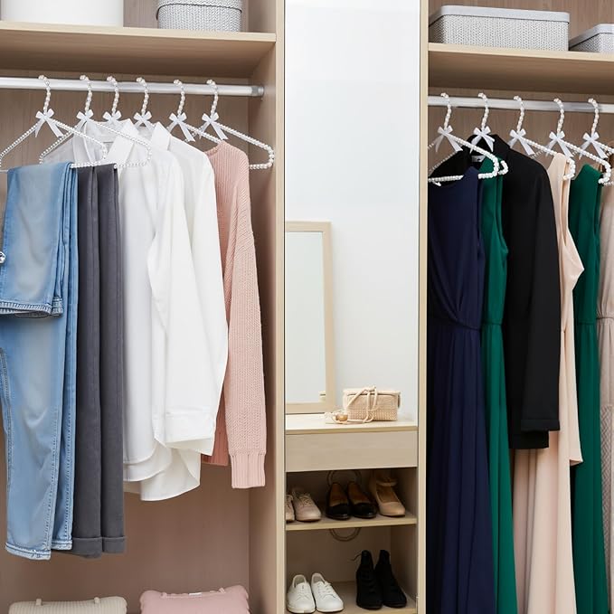SHENLIU 6 Pack Pearl Clothes Hangers, Elegant Bridesmaid Hangers with White Ribbon Trim Hanger, Closet Coat Storage Organizer Bowknot Standard Wedding Hanger for Wedding Engagement Gowns Suits Shirts
