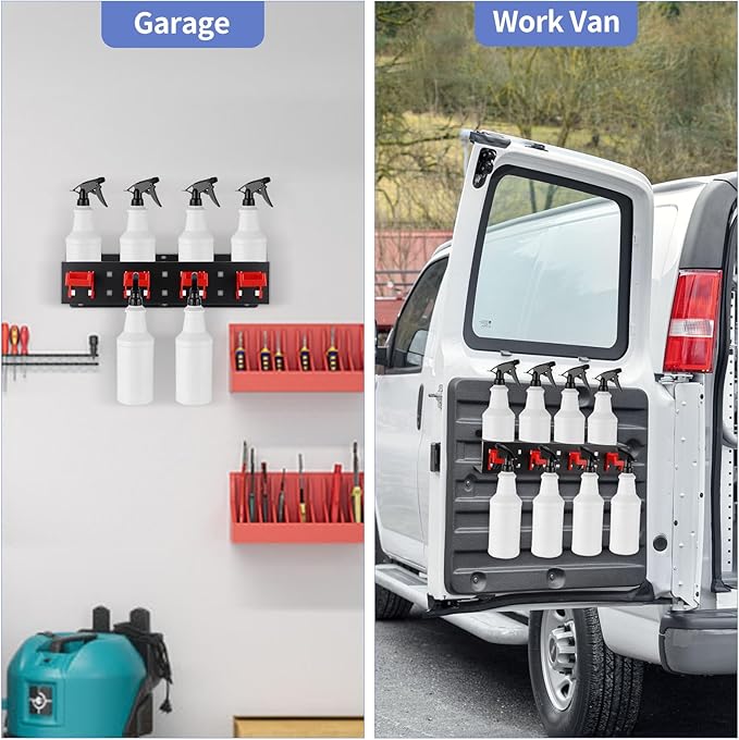 MOLIGOU Spray Bottle Holder Wall Mount, Detailing Bottle Organizer, Spray Bottle Rack with 4 Holes and 4 Hooks