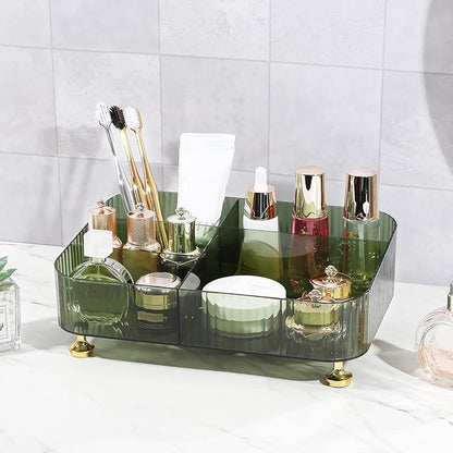 DASITON Makeup Organizer Countertop for Vanity, 5 Slots Makeup Brush Holder Organizer, Vintage Makeup Perfume Tray Cosmetic and Skincare Organizers for Bedroom Bathroom Counter, Desk Storage (Green)