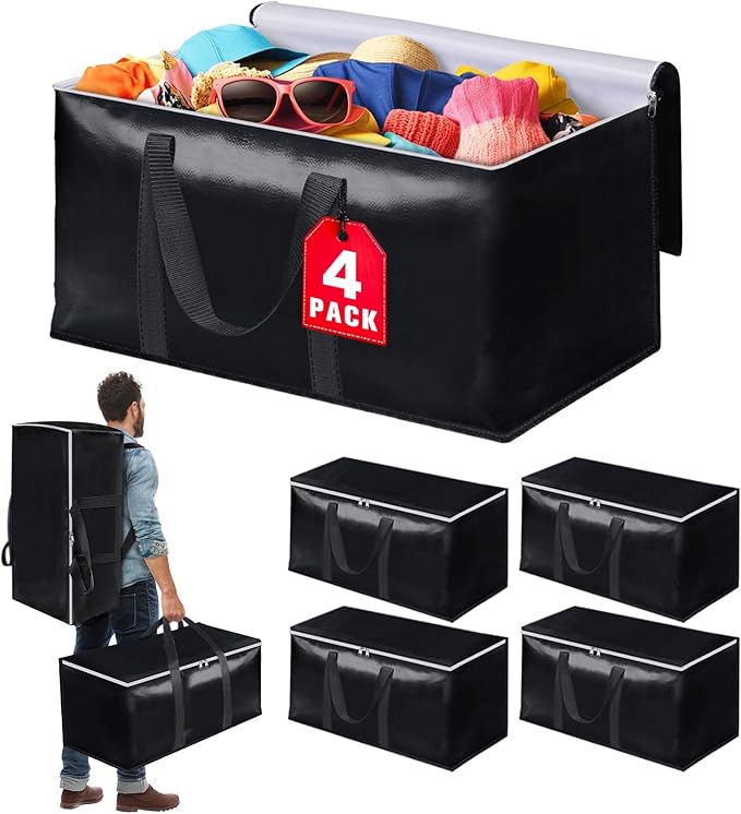 StoreHappily Heavy-Duty & Extra Capacity Moving Bags with Backpack Straps, Storage Totes with Double Zipper & Strong Handles, Packing Bags Alternative to Moving Boxes, Moving Supplies (4 Pack, Black)