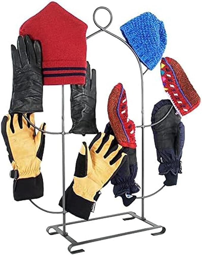 Mitten and Hat Drying Rack Tree – Freestanding Wrought Iron Accessory Holder with 10 Hooks, Graphite Powder-Coated Finish – Winter Gear Organizer for Gloves, Hats, Scarves, and Coats