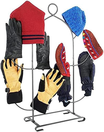 Mitten and Hat Drying Rack Tree – Freestanding Wrought Iron Accessory Holder with 10 Hooks, Graphite Powder-Coated Finish – Winter Gear Organizer for Gloves, Hats, Scarves, and Coats