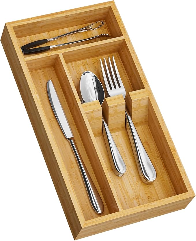 Yofidra Bamboo Silverware Organizer, 12.6 x 6.97 x 1.96 Inches Kitchen Utensil Drawer Organizer, Silverware Tray for Drawer with Fixed Slots for Spoons, Forks & Knives, Natural