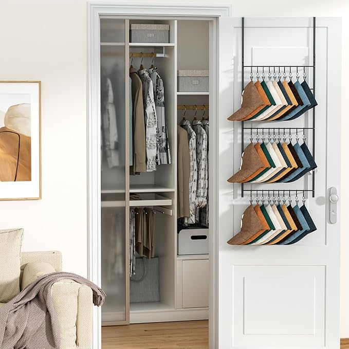 HapiRm Over Door Hat Rack - 3 Tier Wall Mounted Hat Organizer with 30 Movable Clips, Baseball Cap Organizer Storage Holds up to 30 Caps for Door, Bedroom, Closet