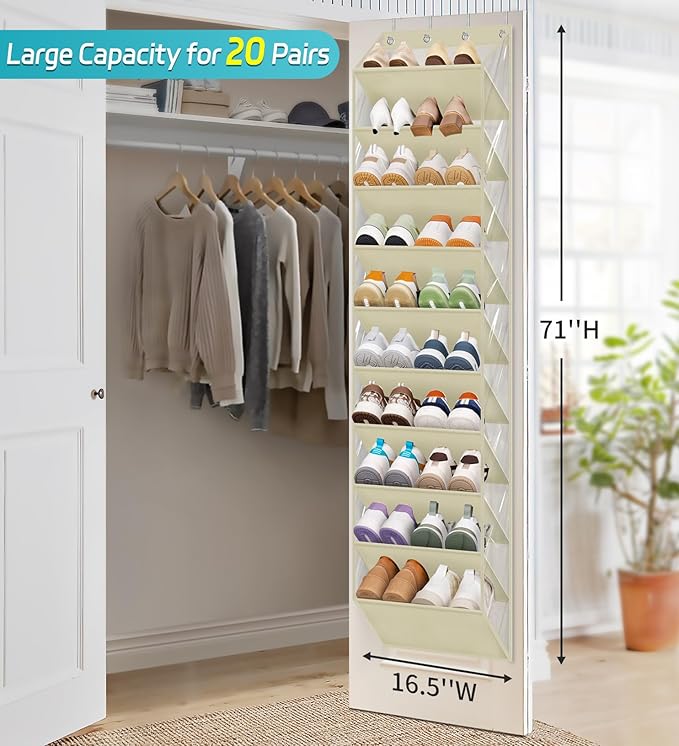 AOODA 10 Tier Clear Over the Door Shoe Organizer Storage, Deep Pockets Large Hanging Shoe Rack for Closet Door, Fit 20 Pairs Shoe Holder Hanger for Sneakers, Boots (Deep beige)