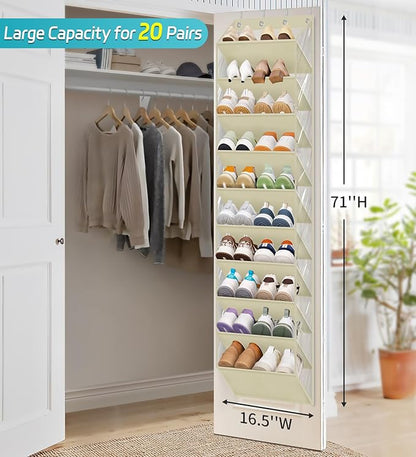 AOODA 10 Tier Clear Over the Door Shoe Organizer Storage, Deep Pockets Large Hanging Shoe Rack for Closet Door, Fit 20 Pairs Shoe Holder Hanger for Sneakers, Boots (Deep beige)