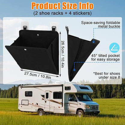 Wall Mounted Shoe Rack for RV Door, 2/4 Pack Hanging Organizer for Shoe Storage, Foldable Rack with Hooks, Wall Organizer for RV Storage and Organization (Black 2Pack)