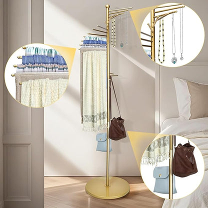 Metal Scarf Rack, Freestanding Spiral Scarf Holder Commercial Hijab Organizer Belt Pants Hanger 59‘’-67‘’ Height Adjustable with 22 Rods for Clothing Store Home, Space Saving Shelves (Color: Gold)