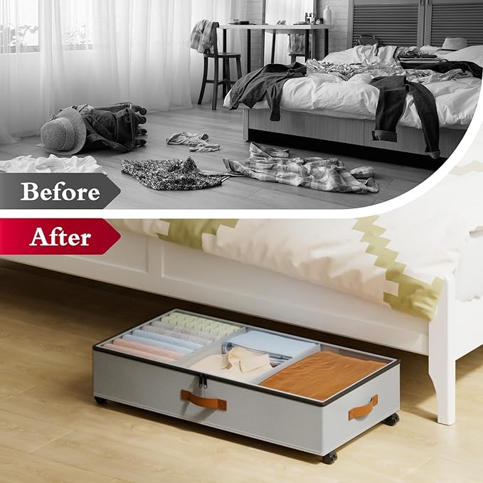 Yecaye Under Bed Storage with Wheels, 2 Pack Under Bed Storage Containers with Adjustable Dividers & Clear Window, Rolling Underbed Organizer Bins Drawers for Clothes, Shoes, Blankets, Grey