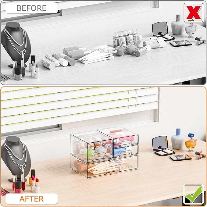 Yieach 4 Pack Clear Stackable Storage Drawers,Acrylic Drawer Organizer for Medicine,Palettes,Hair Accessories and Makeup Organizer,Plastic Drawers for Cabinet,Office,Desk,Bathroom Storage Containers