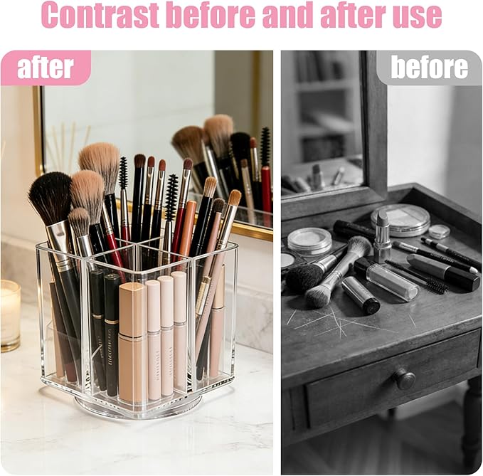 Acrylic Makeup Brush Holder, Clear Rotating Makeup Brush Holder Organizer with 4 Slots, Square Makeup Brush Cup for Vanity Desk Countertop Bathroom