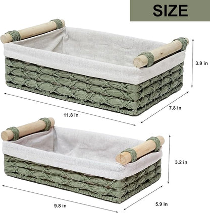 Storage Basket Wicker Baskets for Organizing with Handle Decorative Storage Bins for Countertop Toilet Paper Storage Basket for Toilet Tank Top Small Baskets Set (Set of 2,Green)