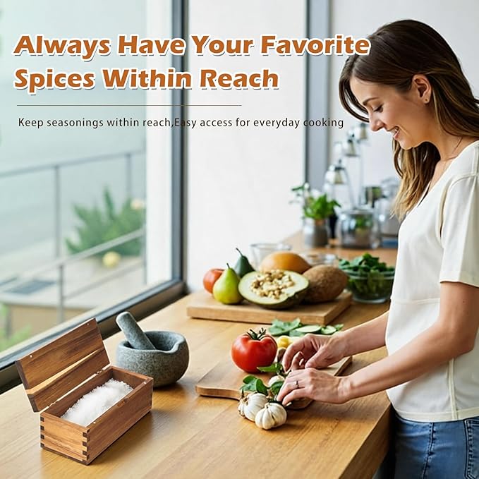 Acacia Wood Salt Cellar Spice Box with Magnetic Lid 29oz Large Capacity Salt Organizer 1 Compartments for Kitchen Countertop, Pepper, Seasonings, Spices, Grilling & Cooking