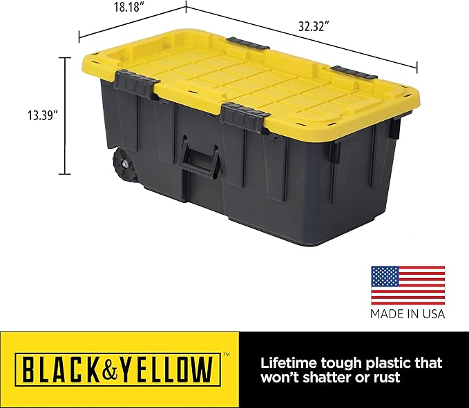 CX BLACK & YELLOW, 20-Gallon Heavy Duty Tough Storage Footlocker & Snap-Tight Lid, (13.4H x 18.2W x 32.3D), Weather-Resistant Design and Stackable Organization Tote [2 Pack]