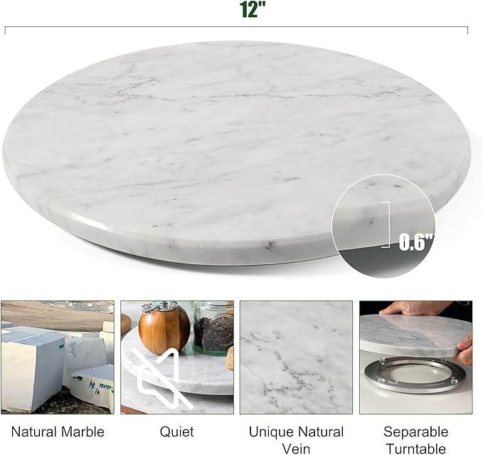 12" Marble Lazy Susan Turntable - 100% Natural Stone Round Serving Tray with Silent Spinning, Revolving Cake Stand & Cheese Board for Kitchen Countertop, Cupcake Table Display, Food, Seasoning (White)