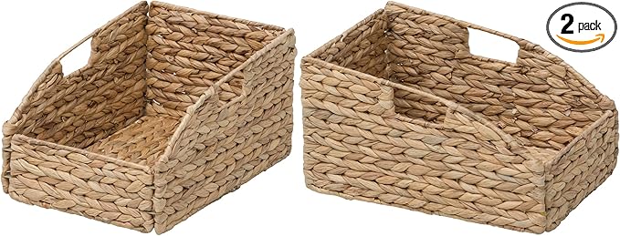 eHemco Trapezoid Woven Hyacinth Wicker Pantry Storage Baskets with Iron Wire Frame, 13.25"x9"x7/3.5", Natural, Set of 2