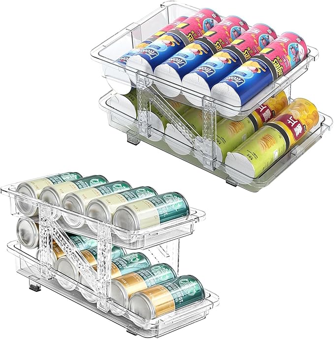 HYGRAD BUILT TO SURVIVE Clear Expandable Soda Can Organizer For Pantry, 13.77” D x 9. 37” W x 6.41” H Stackable Beverage Pop Can Holder Dispenser For Refrigerator, Kitchen Storage Holds 10 Cans