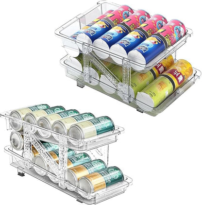 HYGRAD BUILT TO SURVIVE Clear Expandable Soda Can Organizer For Pantry, 13.77” D x 9. 37” W x 6.41” H Stackable Beverage Pop Can Holder Dispenser For Refrigerator, Kitchen Storage Holds 10 Cans