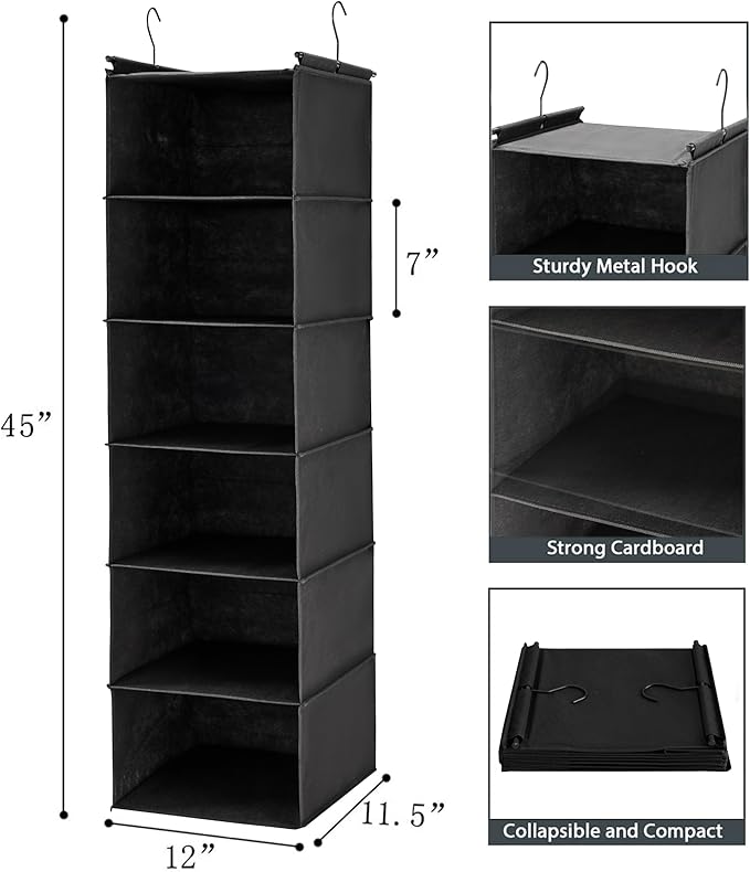 MAX Houser 6 Tier Shelf Hanging Closet Organizer, Closet Hanging Shelf with 2 Sturdy Hooks for Storage, Foldable (Black)