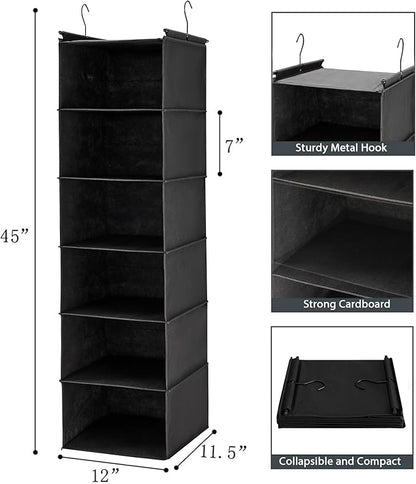 MAX Houser 6 Tier Shelf Hanging Closet Organizer, Closet Hanging Shelf with 2 Sturdy Hooks for Storage, Foldable (Black)