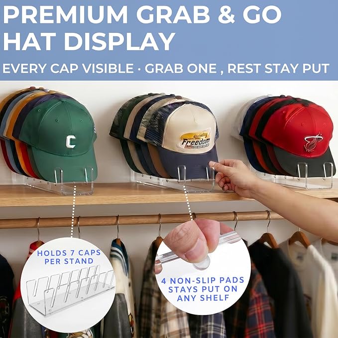 Baseball Hat Organizer 3 Pack, Clear Acrylic Hat Organizer Rack, Hat Display Stand Holds 21 Caps, 7-Slot No Assembly Cap Storage for Closet Shelf, Dresser, 11.4 x 3 x 2.2 in