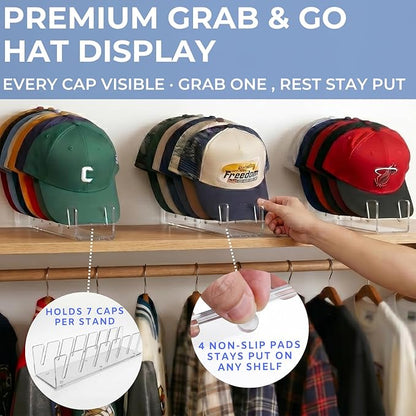Baseball Hat Organizer 3 Pack, Clear Acrylic Hat Organizer Rack, Hat Display Stand Holds 21 Caps, 7-Slot No Assembly Cap Storage for Closet Shelf, Dresser, 11.4 x 3 x 2.2 in