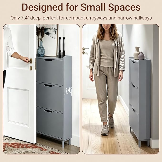Haotian Slim Shoe Cabinet Entryway, Hidden Shoe Storage with Three Flip Drawers to Save Space, Freestanding Shoe Rack for Front Door, Entryway, Hallway Grey