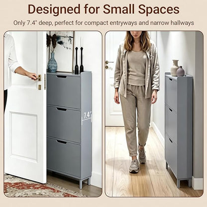 Haotian Slim Shoe Cabinet Entryway, Hidden Shoe Storage with Three Flip Drawers to Save Space, Freestanding Shoe Rack for Front Door, Entryway, Hallway Grey