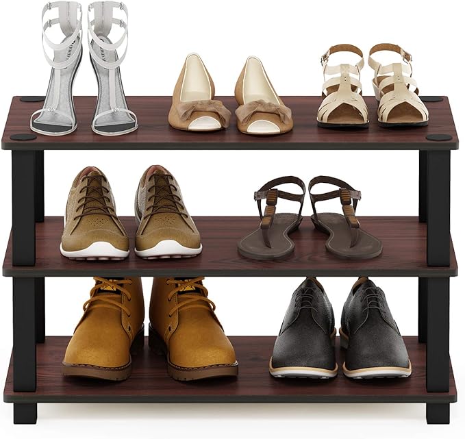 Furinno Turn-S-Tube Shoe Rack, 3-Tier Small Shoe Organizer, Toolless Shoe Storage, 11.6 x 23.6 x 22.2, Easy Assembly, for Closet Entryway, Office, Garage, Cherry Oak