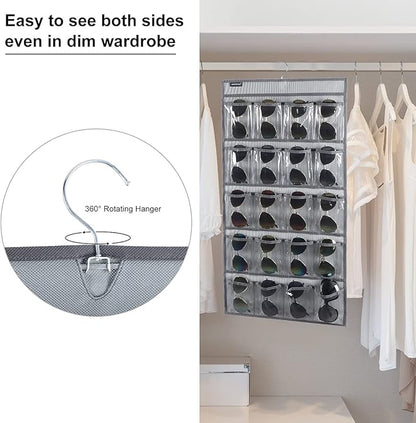 Dual Sided Hanging Sunglasses Organizer Storage Wall Mounted Eyeglasses Holder Eyewear Display Case with 40 Clear Slots (40 Pockets-Grey)