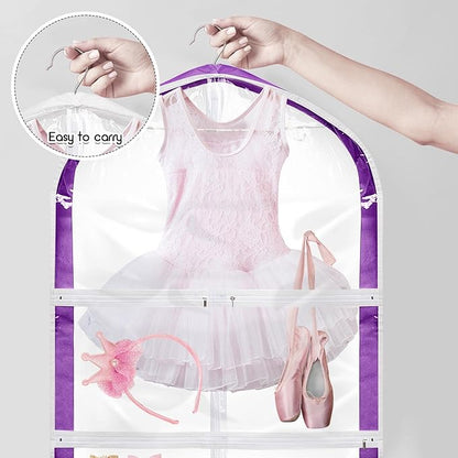 3 Pack Clear Kids Dance Costume Garment Bag Garment Bags for Hanging Clothes, PVC Dance Costume Bags with Rack Organizer with Zipper Pockets for Travel Storage Kids Girls