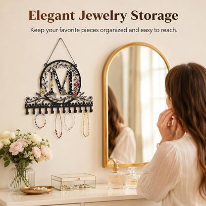 Wall-Mounted Metal Initial Letter M Earring Holder Hanging Jewelry Organizer for Earrings and Necklaces Space-Saving Wall Display with Hooks for Jewelry Storage