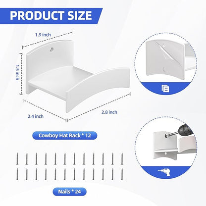 Cowboy Hat Rack(12Pack) - Wide Brimmed Organizer - Strong Adhesive Cowboy Holder - 2.2Inch Hooks for Walls - 2 Mounting Option Holder - Hangers for Doors and Closets - White