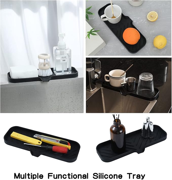 MicoYang Silicone Bathroom Soap Dishes with Drain Spout-Bathroom and Kitchen Sink Organizer,Sponge Holder,Dish Soap Tray,Perfect for Dispenser,Scrubber,Bottle,Cup on Sink or Counter-Black 12"×4"