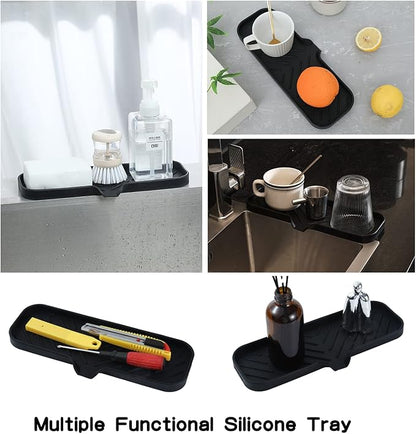 MicoYang Silicone Bathroom Soap Dishes with Drain Spout-Bathroom and Kitchen Sink Organizer,Sponge Holder,Dish Soap Tray,Perfect for Dispenser,Scrubber,Bottle,Cup on Sink or Counter-Black 12"×4"