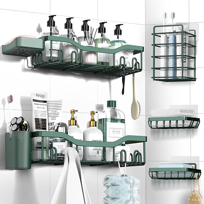 NESOMI Shower Caddy Adhesive Shower Organizer 7-Pack, Rustproof Stainless Steel Bathroom Shelves, Large Capacity No-Drill Rack Storage Accessories with Soap Dish Toothbrush Holder Hooks