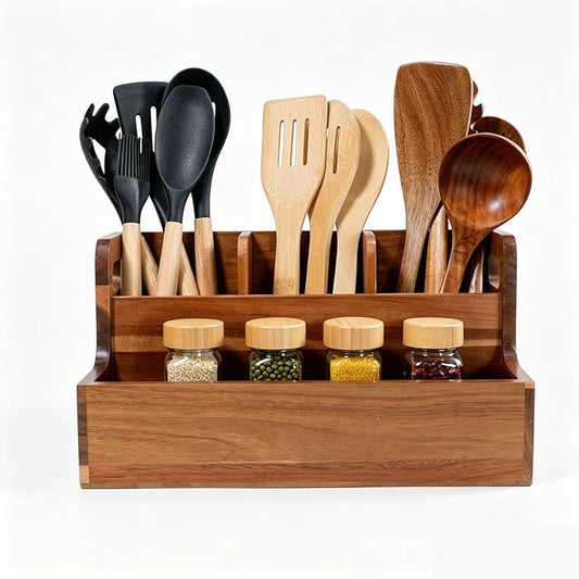 Kitchen Utensil Holder for Countertop with 4 Compartments Acacia Large Utensil Holder Wooden Storage for Cooking,Baking,Flatware Tool Kitchen Utensil Organizer. ﻿.