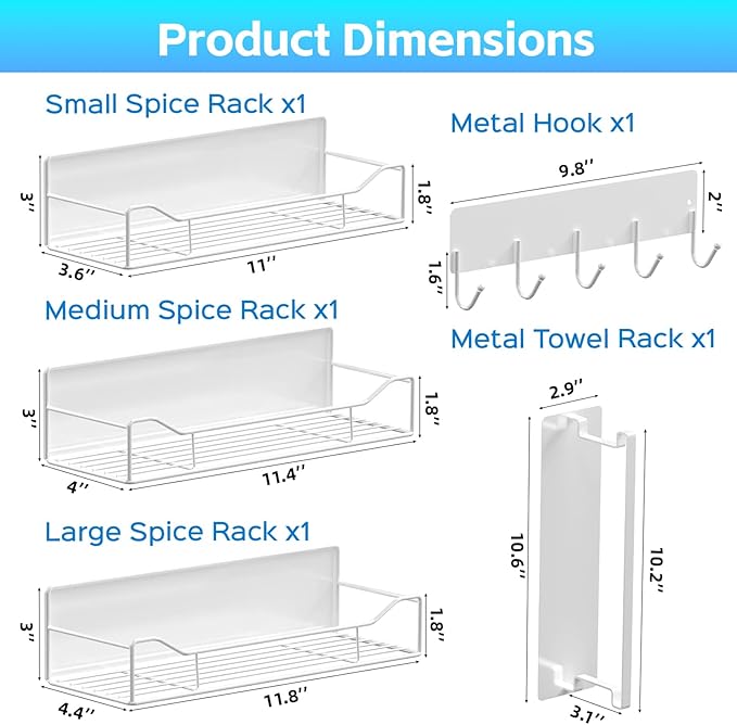 Magnetic Spice Rack for Refrigerator, 5 Pack Magnetic Fridge Organizer Shelves, Strong Magnetic Hold, No Drilling, Space Saving Storage Rack for Kitchen & Washing Machine Organizer (White)
