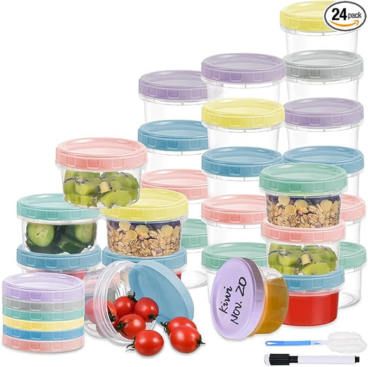 Yomarket 24pcs 8 oz Plastic Containers with Screw Lids, Reusable Clear Food Storage Containers with Pen and Brush for Snack Salad Fruit, Leakproof Small Freezer Containers, Microwave & Dishwasher Safe