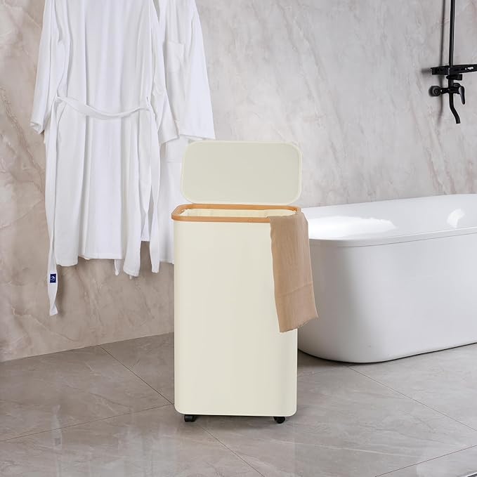 efluky Slim Laundry Hamper with Wheels, Narrow Laundry Basket with Lid and Removable Bag, Aesthetic Dirty Clothes Hamper on Wheels for Laundry Room, Bedroom, Dorm and Bathroom, 75L Beige
