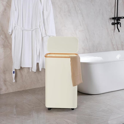 efluky Slim Laundry Hamper with Wheels, Narrow Laundry Basket with Lid and Removable Bag, Aesthetic Dirty Clothes Hamper on Wheels for Laundry Room, Bedroom, Dorm and Bathroom, 75L Beige