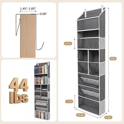 6-in-1 Over Door Hanging Organizer, Versatile Storage Over Door Organizer with 12 Mesh Pockets, 44 lbs Weight Capacity Hanging Storage Organizer for Bedroom, Bathroom,Behind Door,Deep Gray