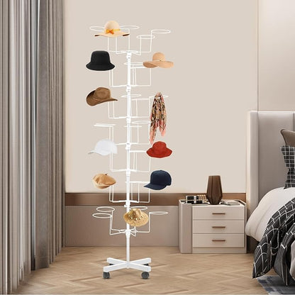 Freestanding Rotating Hat Display Rack: 7-Tiers, 35 Hooks, with Wheels, Black Metal Floor Stand for Hats, Wigs, and Caps - Ideal for Retail Stores and Organizing Headwear. (White)