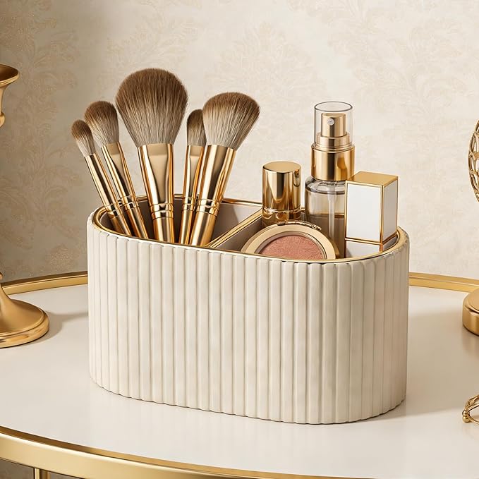 KINGFOM Makeup Brush Holder Organizer with Divider, PU Leather Vanity Brush Holder for Bathroom Countertop & Dressing Table, Cosmetic Desktop Storage Caddy for Makeup Tools Oval, Gift for Women Beige