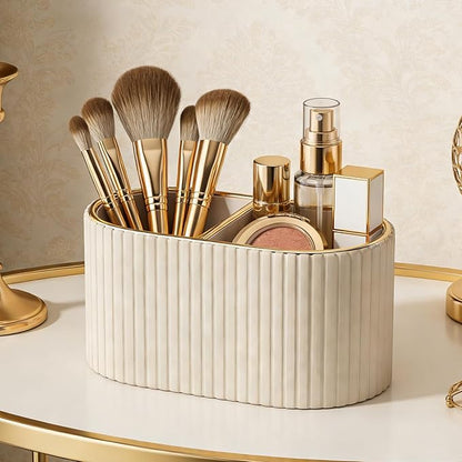 KINGFOM Makeup Brush Holder Organizer with Divider, PU Leather Vanity Brush Holder for Bathroom Countertop & Dressing Table, Cosmetic Desktop Storage Caddy for Makeup Tools Oval, Gift for Women Beige