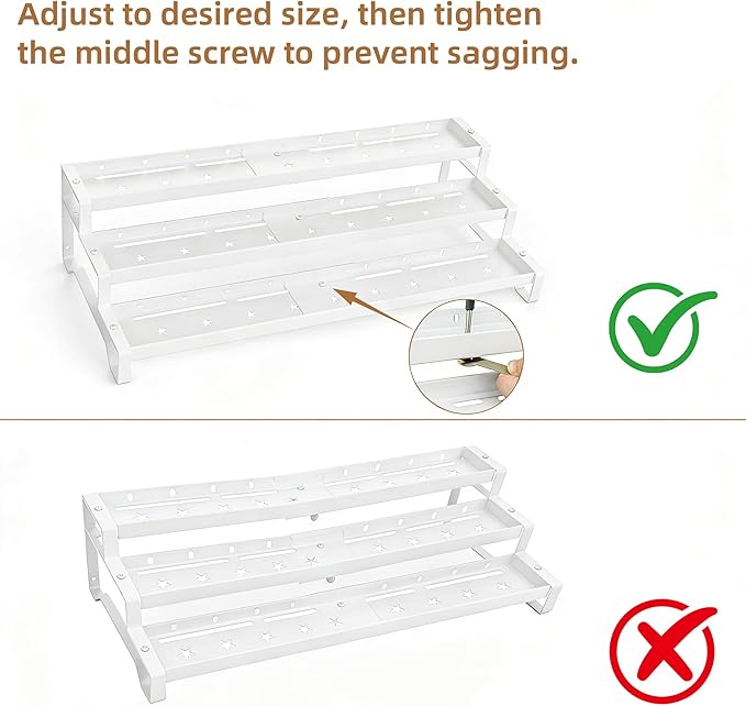 SANKEU Expandable Spice Rack Organizer for Cabinet 3 Tiered Metal Seasoning Organization with Guardrails Spice Shelf Storage for Jars Adjustable Length 13"-21" White 1Pack