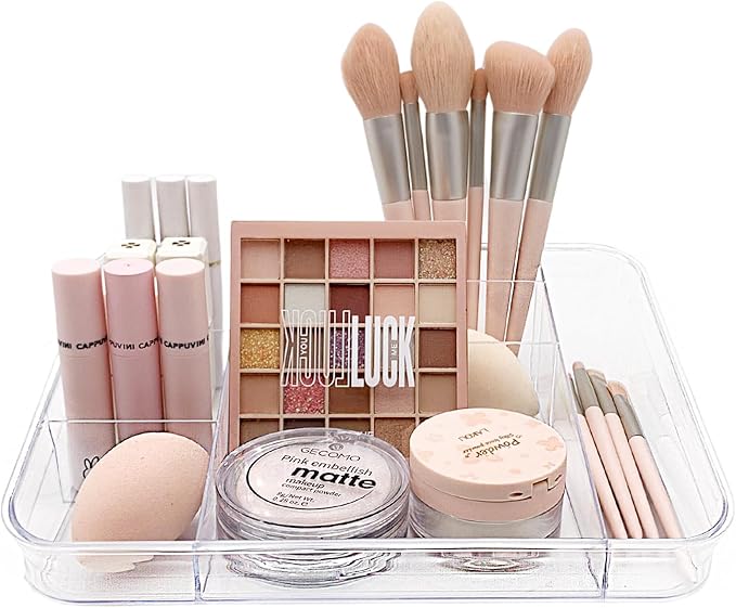 SUNFICON Makeup Tray Organizer Cosmetic Display Case Office Stationery Storage Holder Countertop Storage Unit Makeup Box for Bathroom Drawers,Vanities Office Desk,Washable Crystal Clear Acrylic