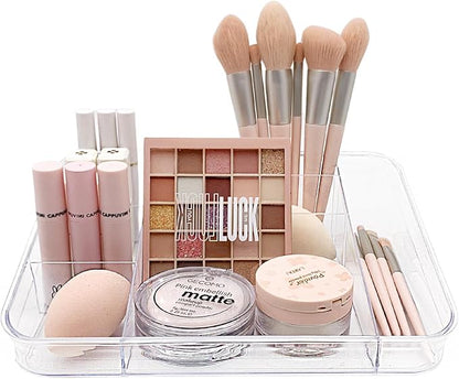 SUNFICON Makeup Tray Organizer Cosmetic Display Case Office Stationery Storage Holder Countertop Storage Unit Makeup Box for Bathroom Drawers,Vanities Office Desk,Washable Crystal Clear Acrylic